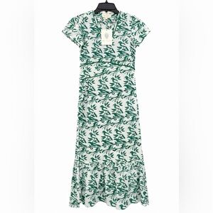 Ex Voto Bird Print Cotton Midi Dress Green White Short Sleeve Cottagecore NWT